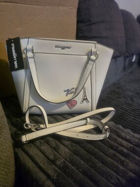 Karl Lagerfeld White Saffiano Crossbody Tote with Paris Patch